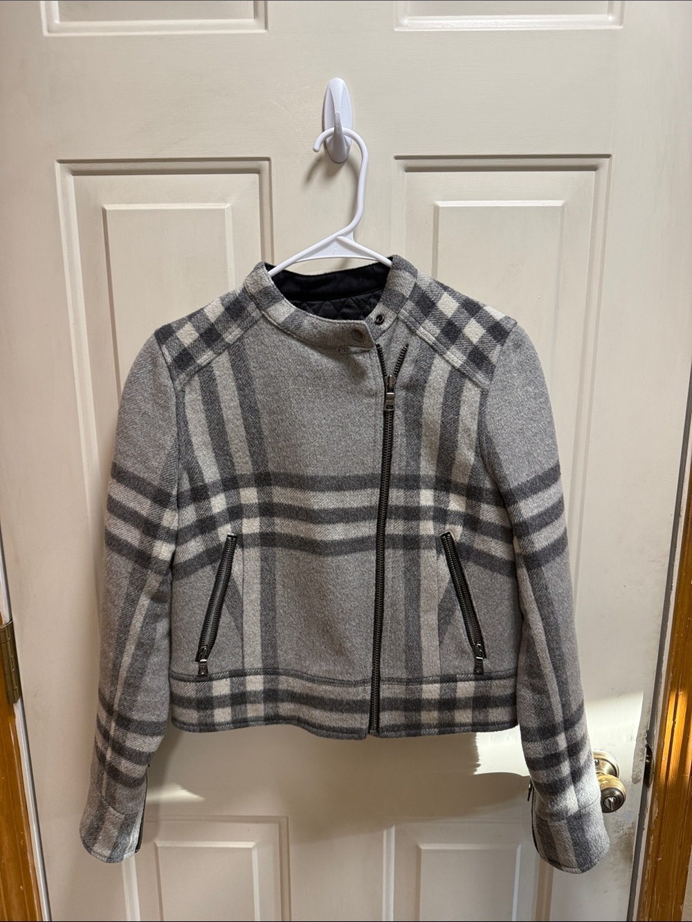 Womens Gap Gray Plaid Wool Blend Zip Moto Jacket size XS